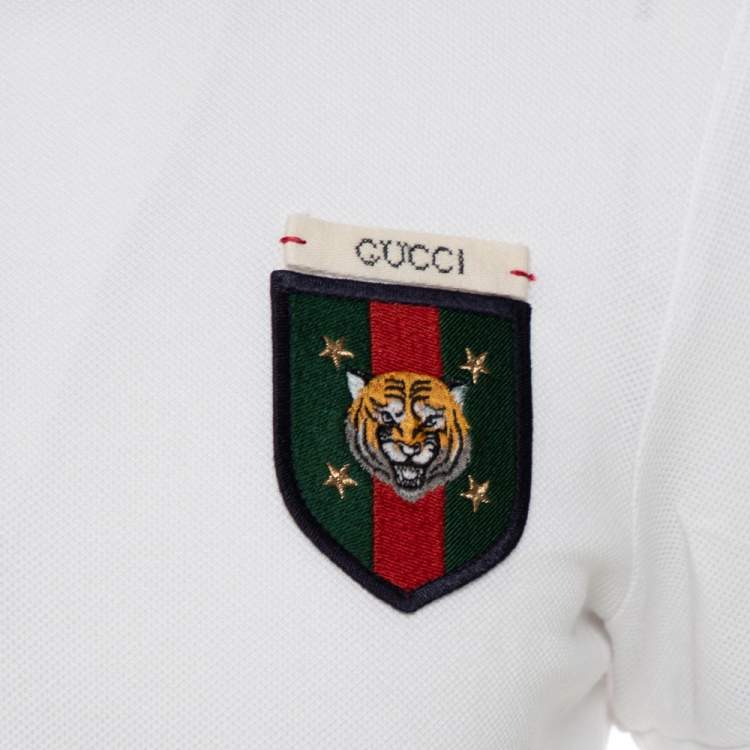 Pre Owned Gucci White Cotton Pique Crest Applique Detail Polo T-Shirt S