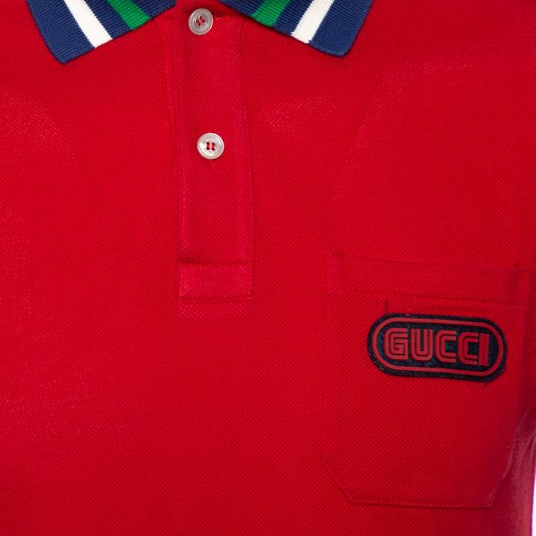 Pre Owned Gucci Red Cotton Pique Contrast Collar Logo Patch Detail Polo T-Shirt S