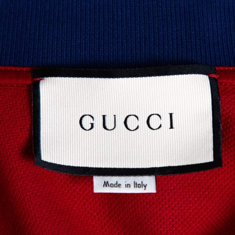 Pre Owned Gucci Red Cotton Pique Contrast Collar Logo Patch Detail Polo T-Shirt S