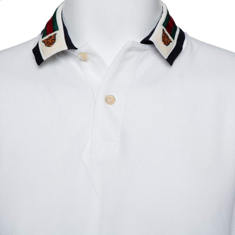 Pre Owned Gucci White Cotton Pique Web Trim & Feline Head Collar Detail Polo T-Shirt L