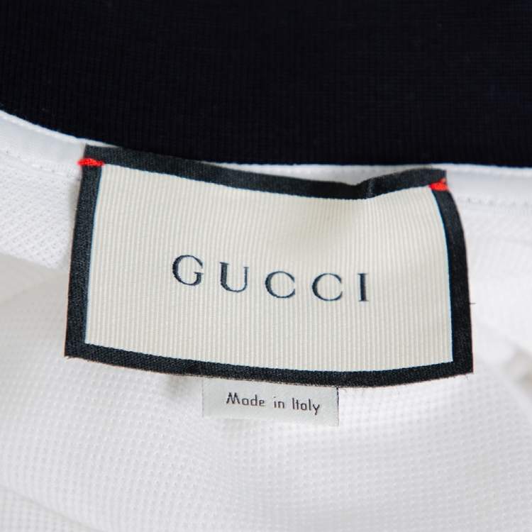 Pre Owned Gucci White Cotton Pique Web Trim & Feline Head Collar Detail Polo T-Shirt L