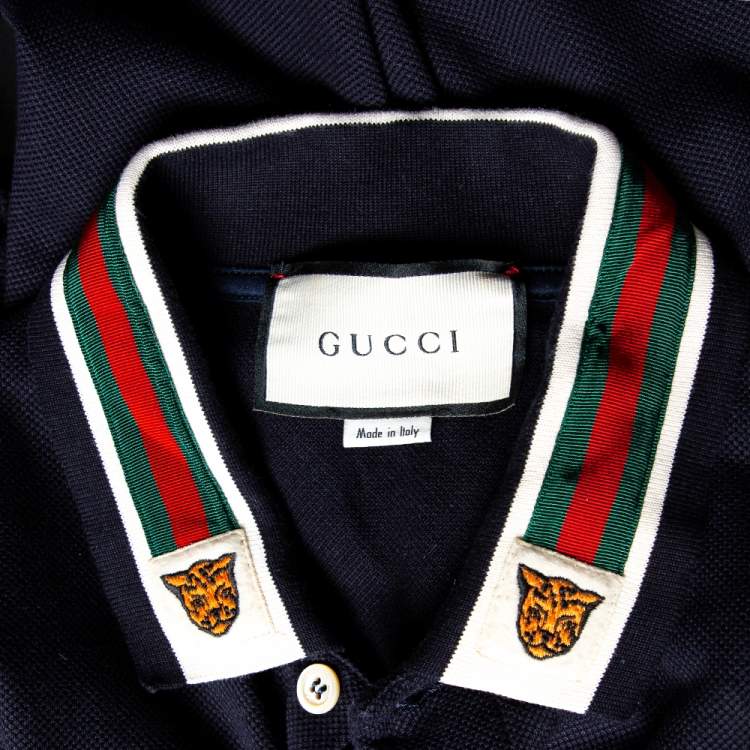 Pre Owned Gucci Navy Blue Cotton Pique Web Trim & Feline Head Collar Detail Polo T-Shirt L