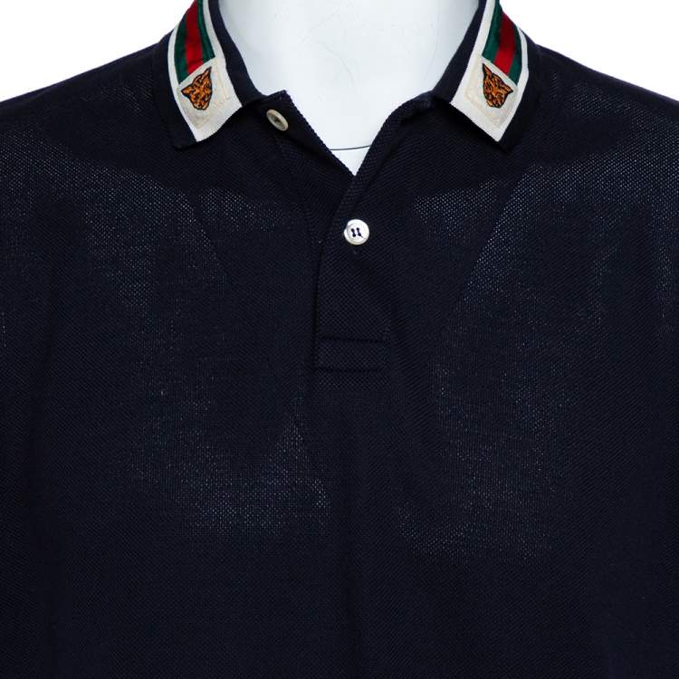 Pre Owned Gucci Navy Blue Cotton Pique Web Trim & Feline Head Collar Detail Polo T-Shirt L