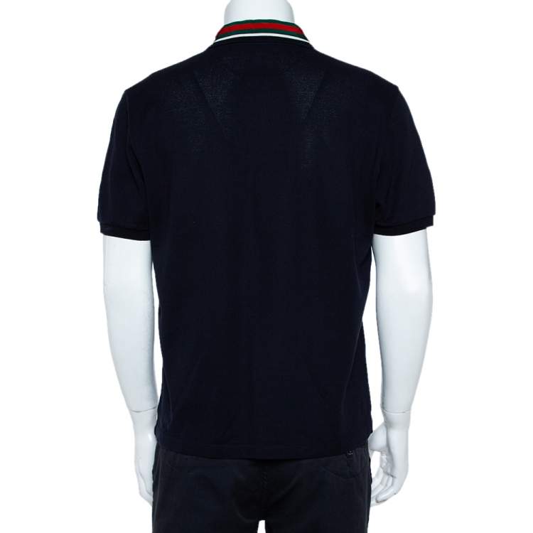 Pre Owned Gucci Navy Blue Cotton Pique Web Trim & Feline Head Collar Detail Polo T-Shirt L
