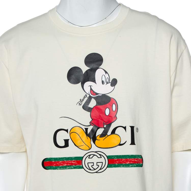 مملوكة مسبقًا Gucci X Disney Cream Logo Printed Cotton Crewneck Oversized T-Shirt XXL