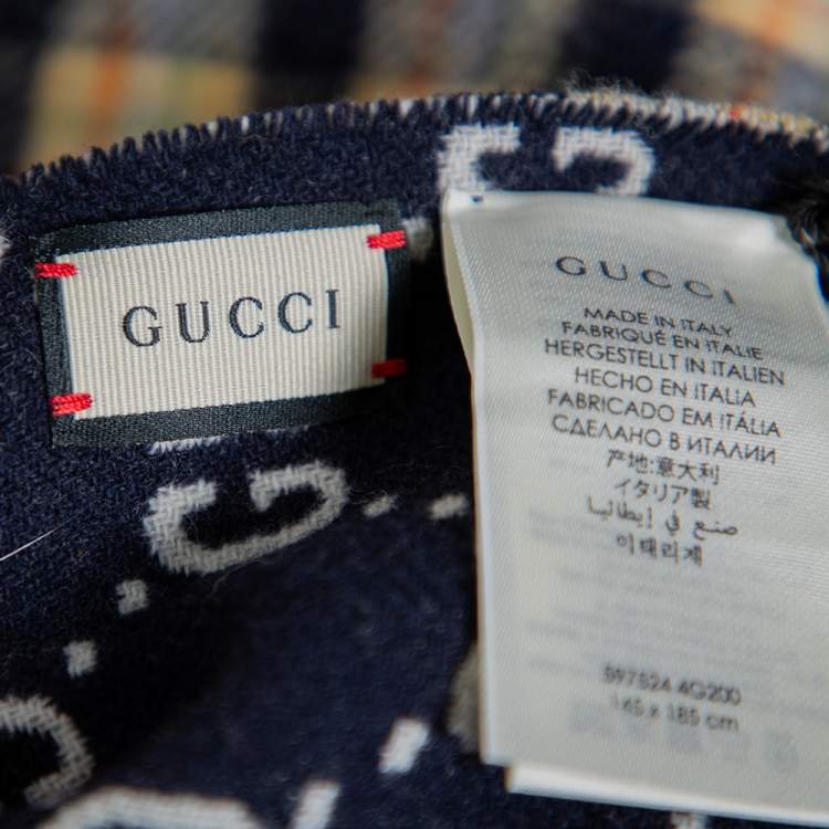 Pre Owned Gucci Navy Blue/Checkered  Logo Jacquard Wool Fringed Reversible Poncho (One Size)