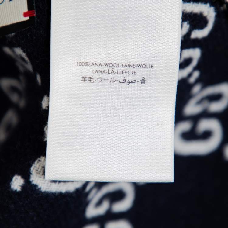 Pre Owned Gucci Navy Blue/Checkered  Logo Jacquard Wool Fringed Reversible Poncho (One Size)