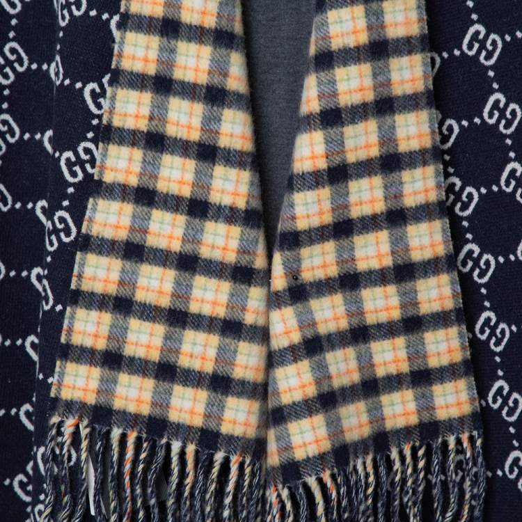 Pre Owned Gucci Navy Blue/Checkered  Logo Jacquard Wool Fringed Reversible Poncho (One Size)