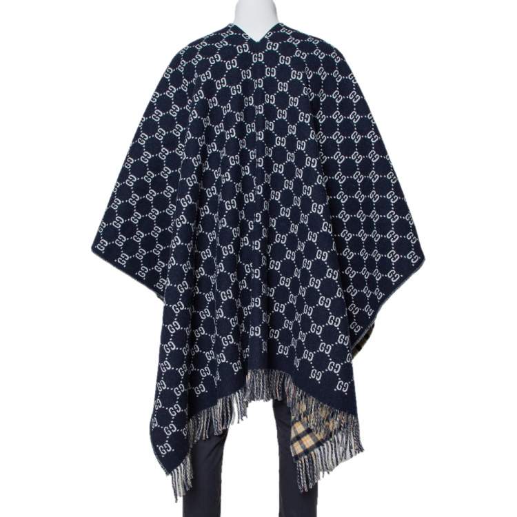 Pre Owned Gucci Navy Blue/Checkered  Logo Jacquard Wool Fringed Reversible Poncho (One Size)