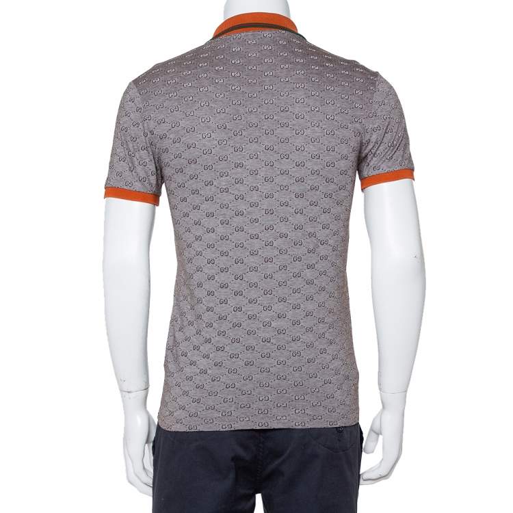 Pre Owned Gucci Brown GG Print Cotton Contrast Collar Skinny Fit Polo Shirt S