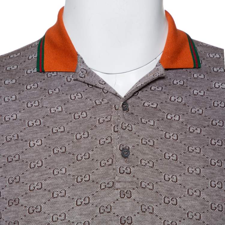 Pre Owned Gucci Brown GG Print Cotton Contrast Collar Skinny Fit Polo Shirt S