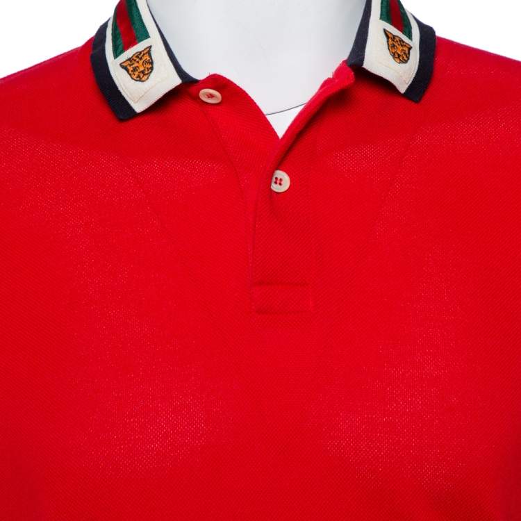 Pre Owned Gucci Red Cotton Pique Web & Feline Head Detail Polo T-Shirt XL