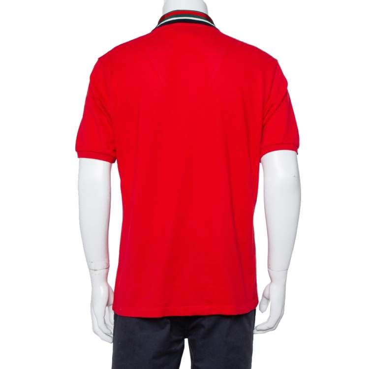 Pre Owned Gucci Red Cotton Pique Web & Feline Head Detail Polo T-Shirt XL