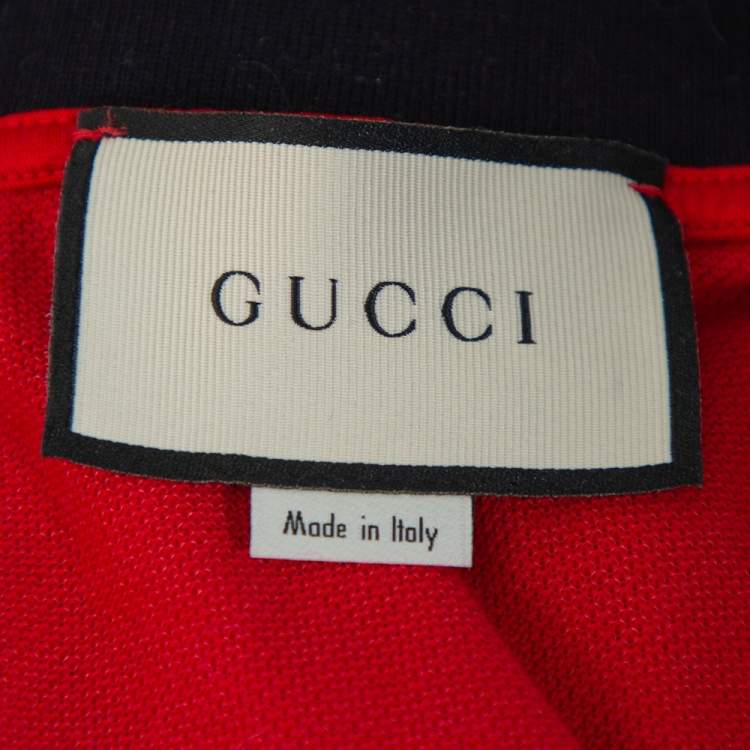 Pre Owned Gucci Red Cotton Pique Web & Feline Head Detail Polo T-Shirt XL