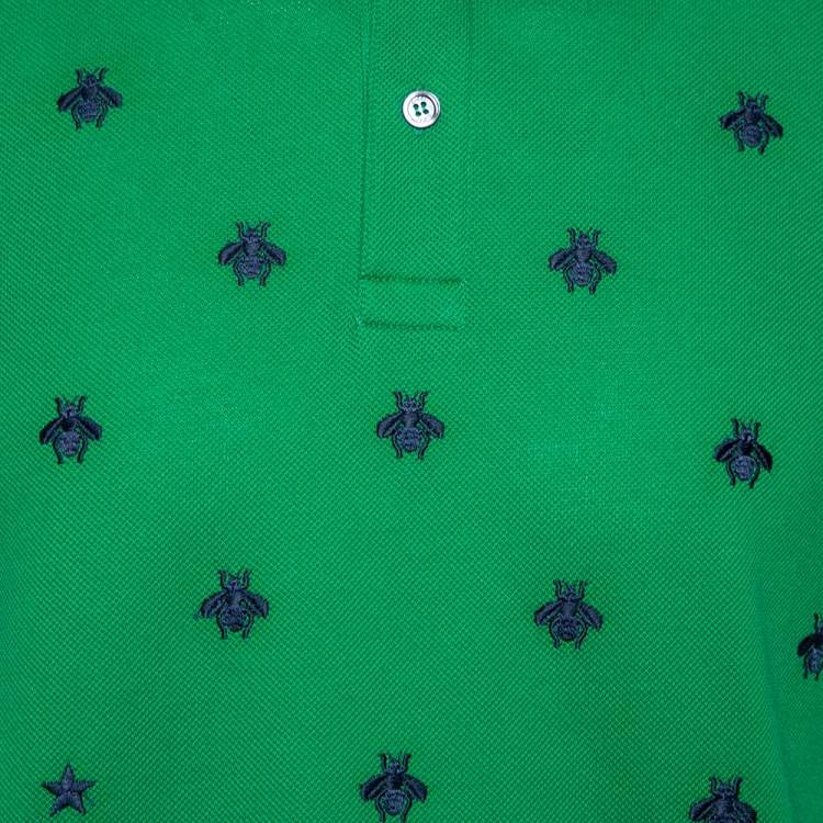Pre Owned Gucci Green Cotton Pique Bee Embroidered Polo T-Shirt M