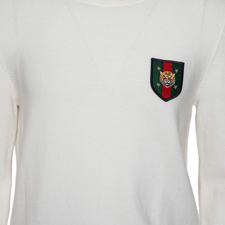 Pre Owned Gucci White Cotton Knit Tiger Crest Applique Jumper L