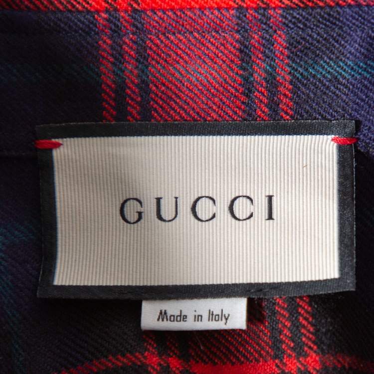 مملوكة مسبقًا Gucci Red Tartan Plaid Floral and Dragon Embroidered Wool Shirt M