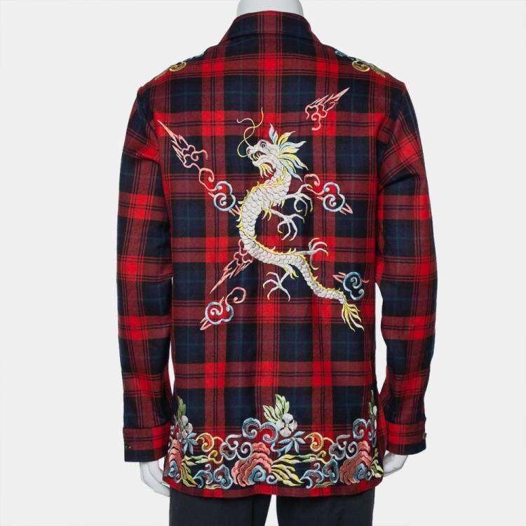 مملوكة مسبقًا Gucci Red Tartan Plaid Floral and Dragon Embroidered Wool Shirt M