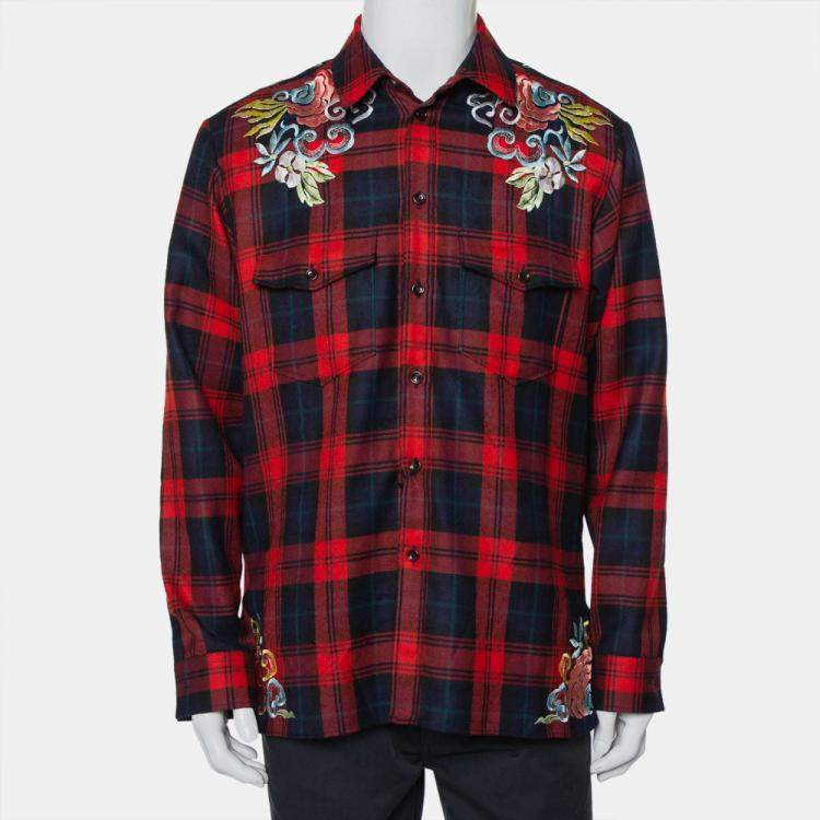 aldrig Spiritus venlige Gucci Red Tartan Plaid Floral and Dragon Embroidered Wool Shirt M Gucci |  TLC
