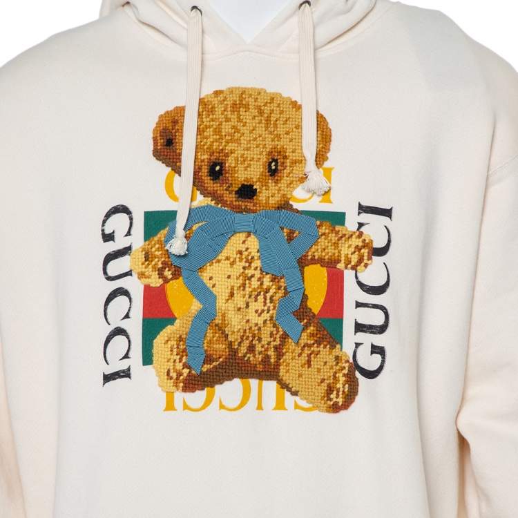 Pre Owned Gucci Cream Logo Printed Cotton Applique Detail Oversized Hoodie XL