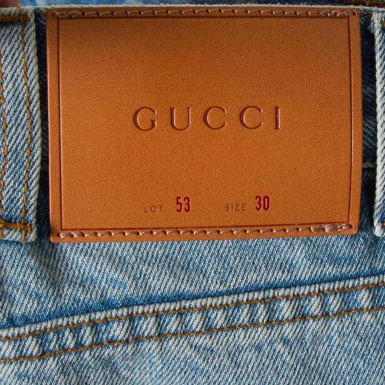 Pre Owned Gucci Blue Denim Loved Applique Detail Straight Leg Jeans S