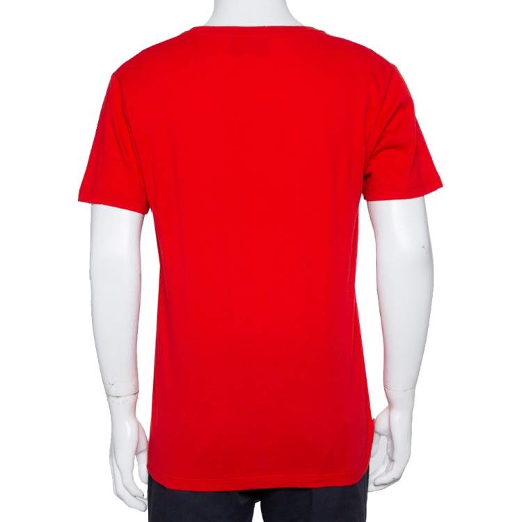 مملوكة مسبقًا Gucci Red Logo Printed Cotton Distressed Crewneck T-Shirt S