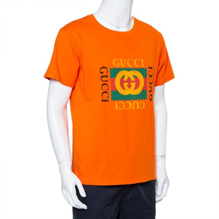 Ekstrem fattigdom væv Et kors Gucci Orange Logo Printed Cotton Distressed Crewneck T-Shirt S Gucci | TLC