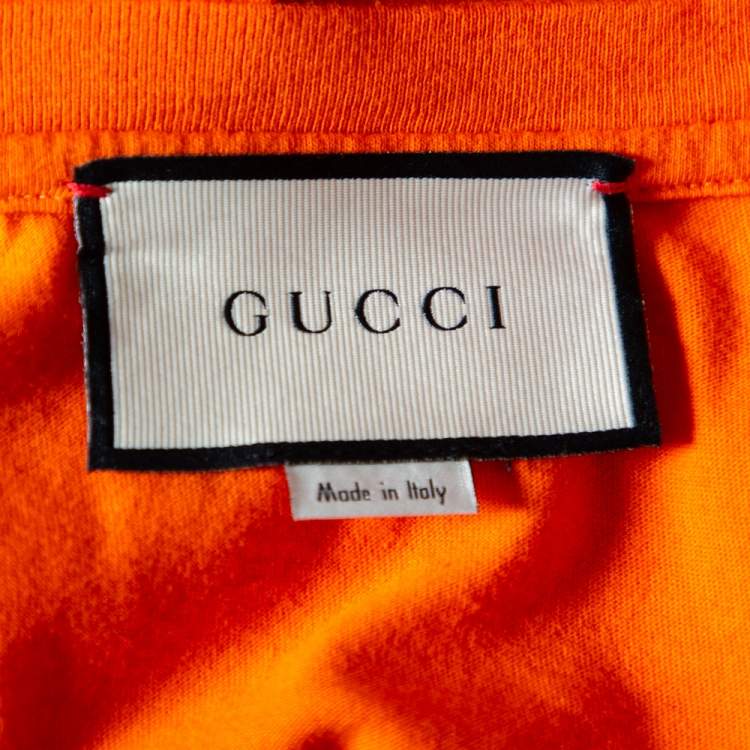 Pre Owned Gucci Orange Logo Printed Cotton Distressed Crewneck T-Shirt S