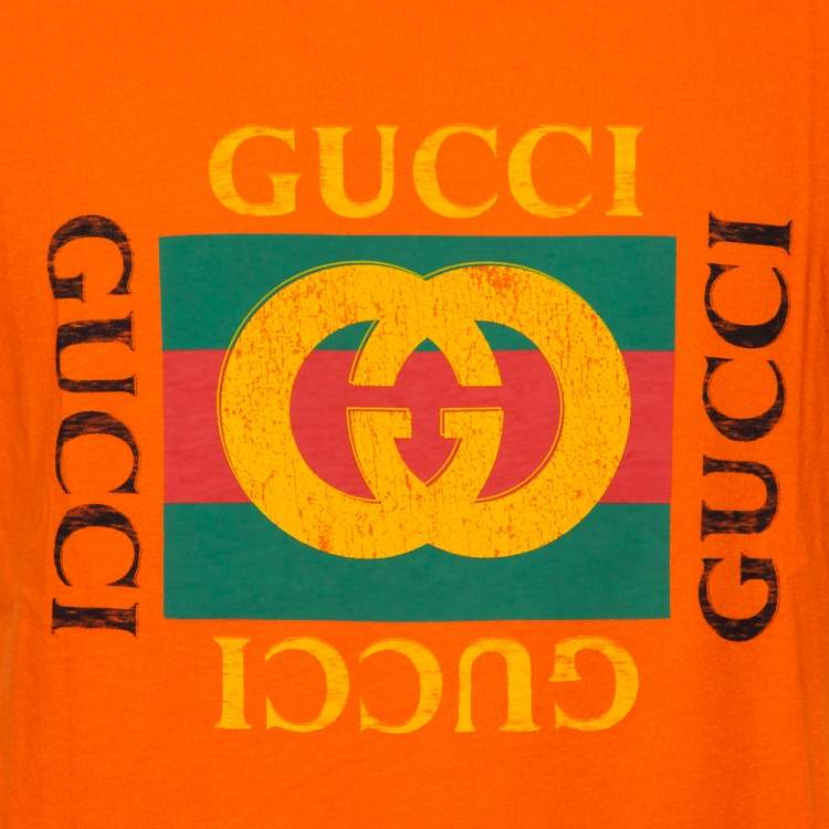 Pre Owned Gucci Orange Logo Printed Cotton Distressed Crewneck T-Shirt S