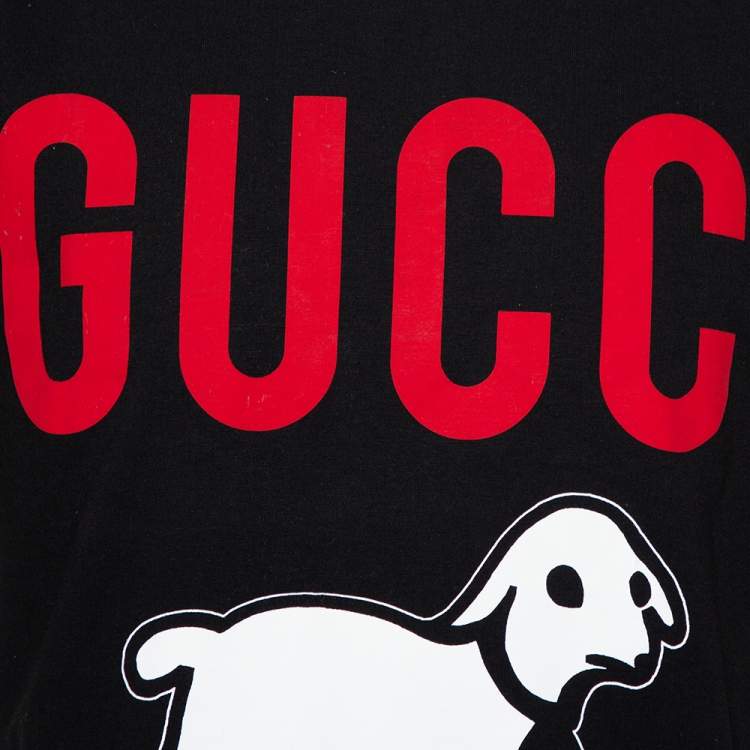 Pre Owned Gucci Black Logo & Lamb Printed Cotton Oversized Crewneck T-Shirt XS