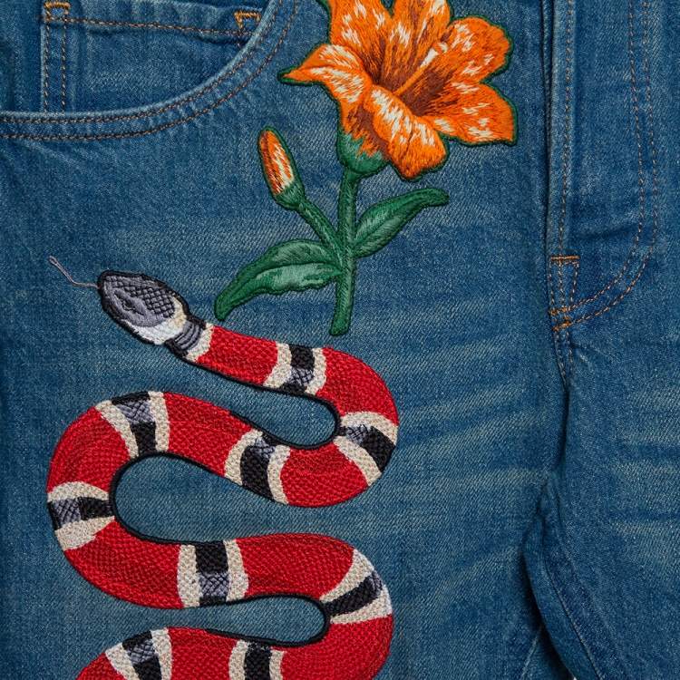 Pre Owned Gucci Blue Faded Denim Snake & Floral Applique Detail Straight Leg Jeans S