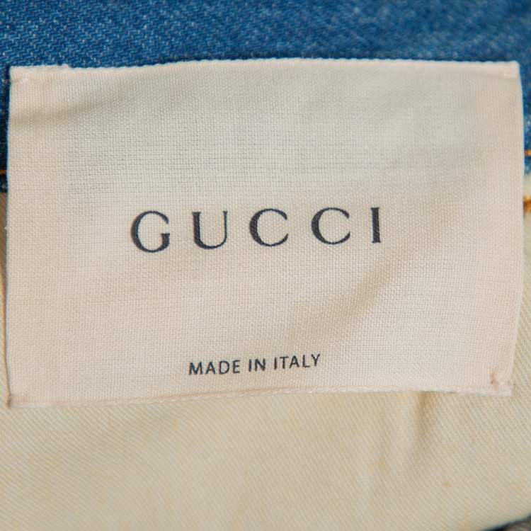 Pre Owned Gucci Blue Faded Denim Snake & Floral Applique Detail Straight Leg Jeans S