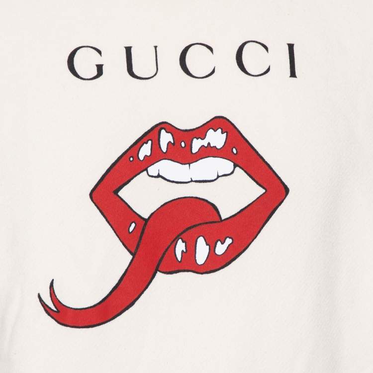 مملوكة مسبقًا Gucci Cream Mouth Printed Cotton Crewneck Sweatshirt S