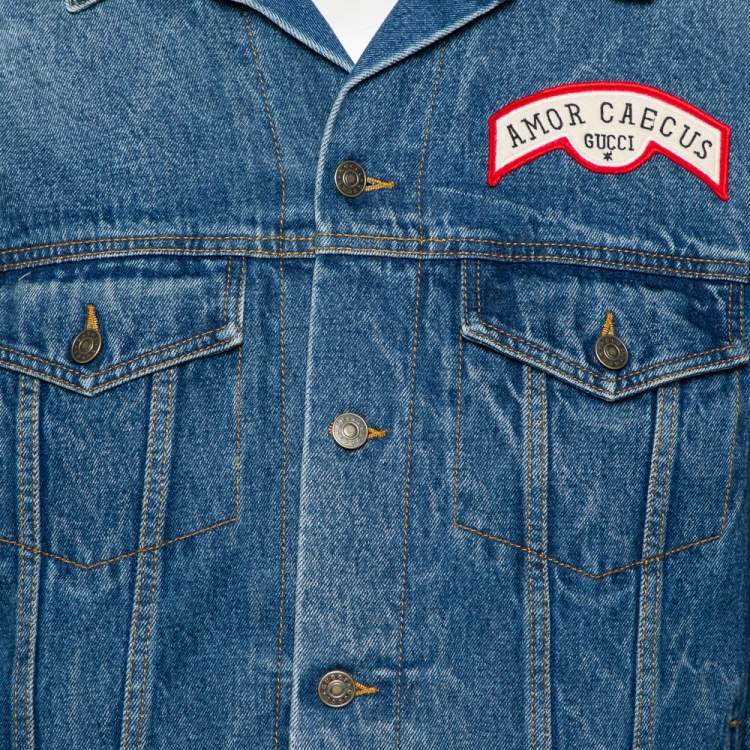 مملوكة مسبقًا Gucci Navy Blue Washed Denim Logo Patch Detail Button Front Jacket XS