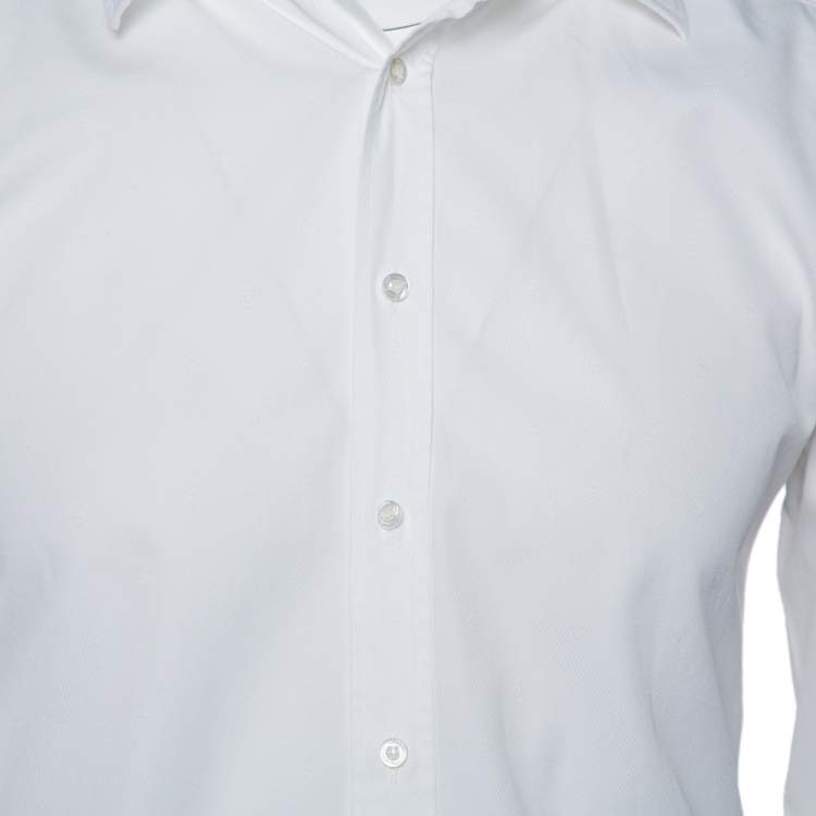 Pre Owned Gucci White Cotton Logo Jacquard Detail Button Front Fitted Shirt XL