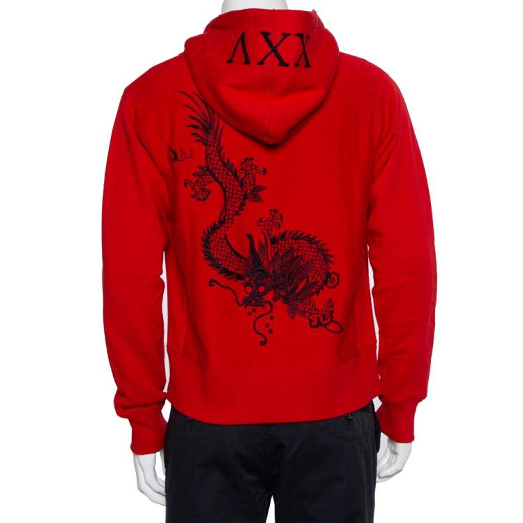 Pre Owned Gucci Red Cotton Knit Dragon Embroidered Hoodie S