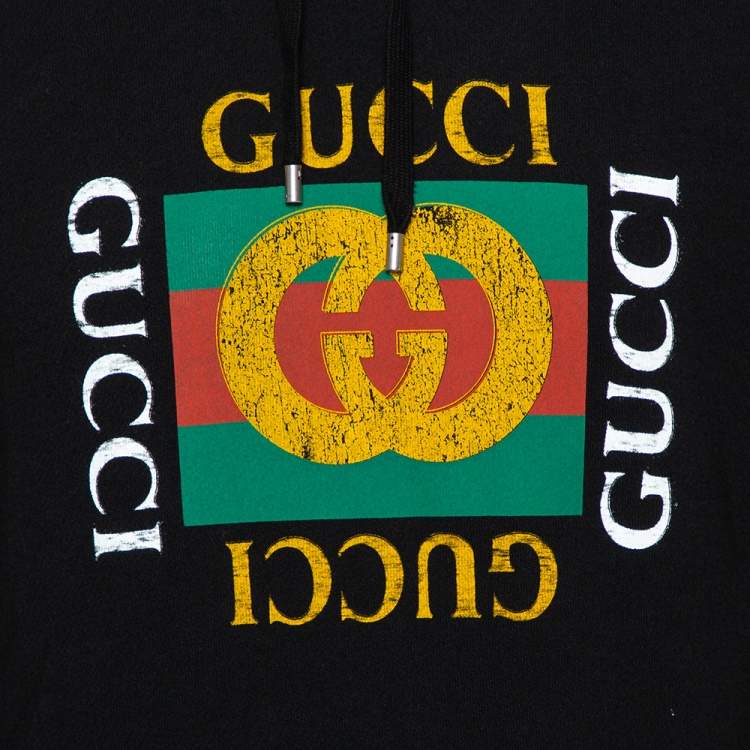 Pre Owned Gucci Black Vintage Logo Print Cotton Hooded Sweatshirt S