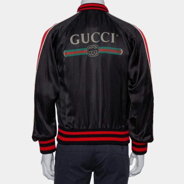 Pre Owned Gucci Black Satin Contrast Trim Spiritismo Applique Detail Bomber Jacket M