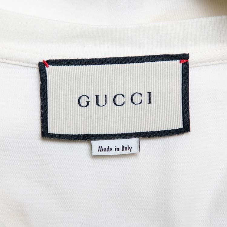 Pre Owned Gucci Cream Cotton Tennis Logo Embroidered Oversized Crewneck T-Shirt L