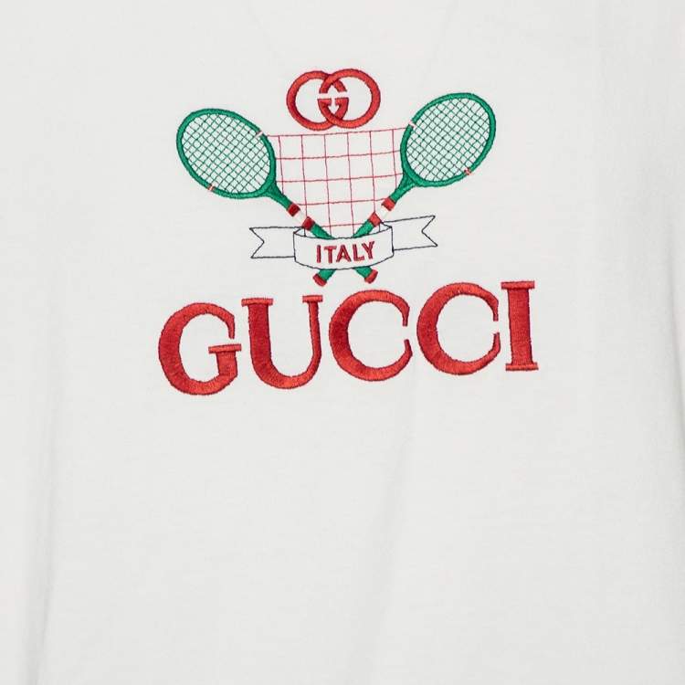 Pre Owned Gucci Cream Cotton Tennis Logo Embroidered Oversized Crewneck T-Shirt L