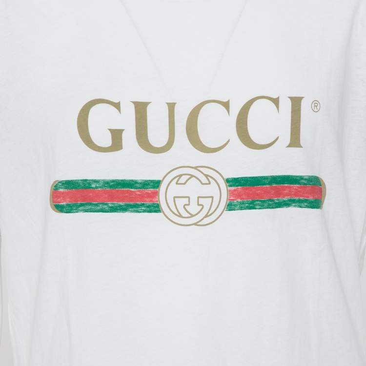 Pre Owned Gucci White Cotton Logo Printed Oversized Crewneck T-Shirt M