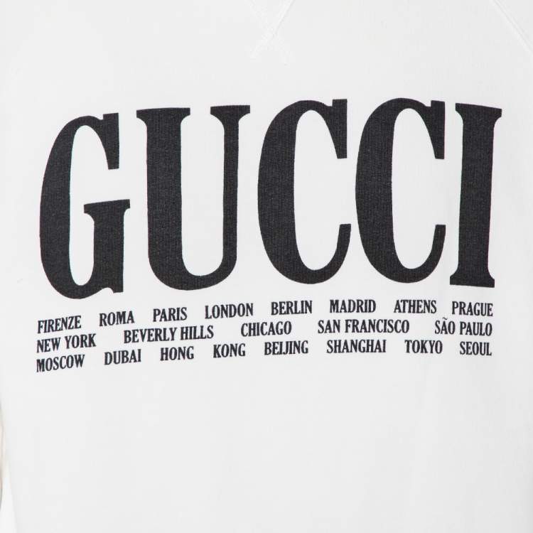 Pre Owned Gucci White Cotton Logo & Cities Printed Crewneck Sweatshirt M