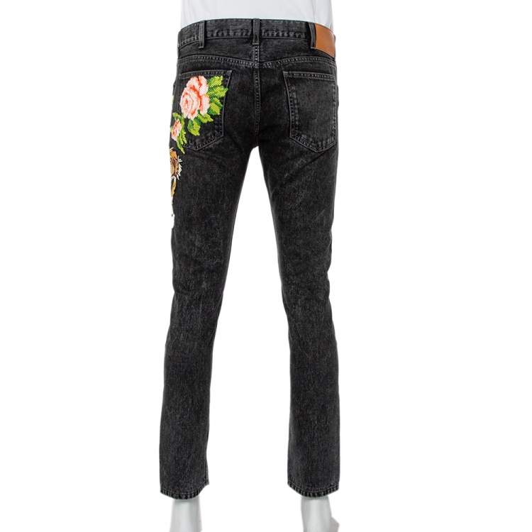 Pre Owned  Gucci Charcoal Grey Denim Tiger & Floral Applique Tapered Jeans M