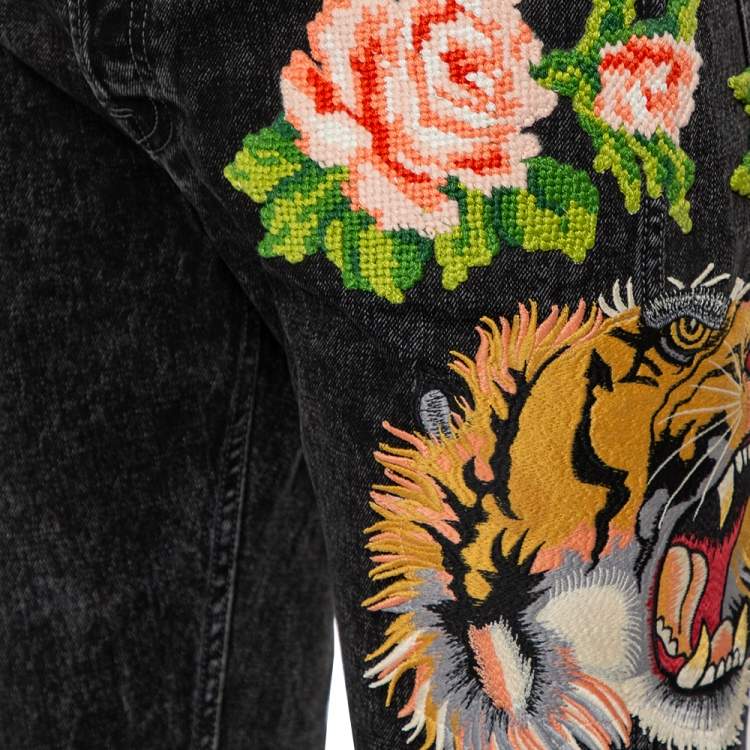 Pre Owned  Gucci Charcoal Grey Denim Tiger & Floral Applique Tapered Jeans M