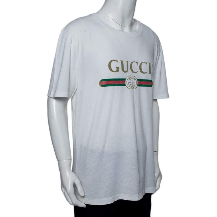 Indbildsk Wings Pearly Gucci White Logo Printed Cotton Distressed Crewneck T-Shirt XL Gucci | TLC