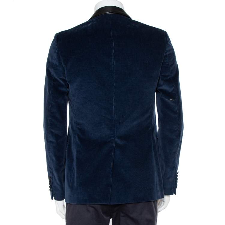 Pre Owned Gucci Navy Blue Corduroy Leather Trim Button Front Blazer M