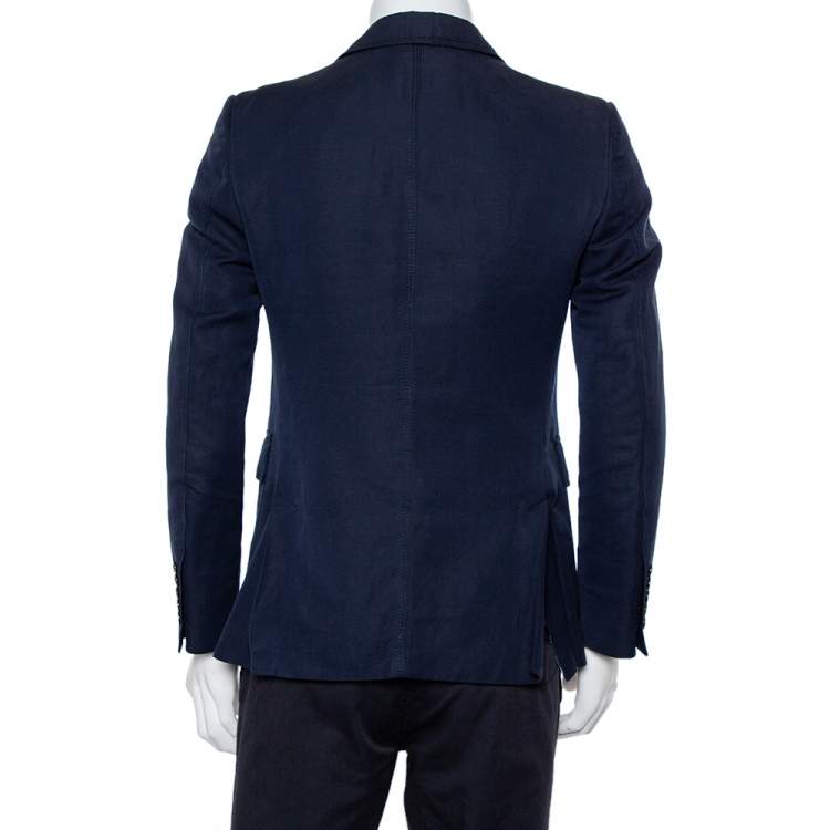 Pre Owned Gucci Navy Blue Cotton & Linen Button Front Blazer M
