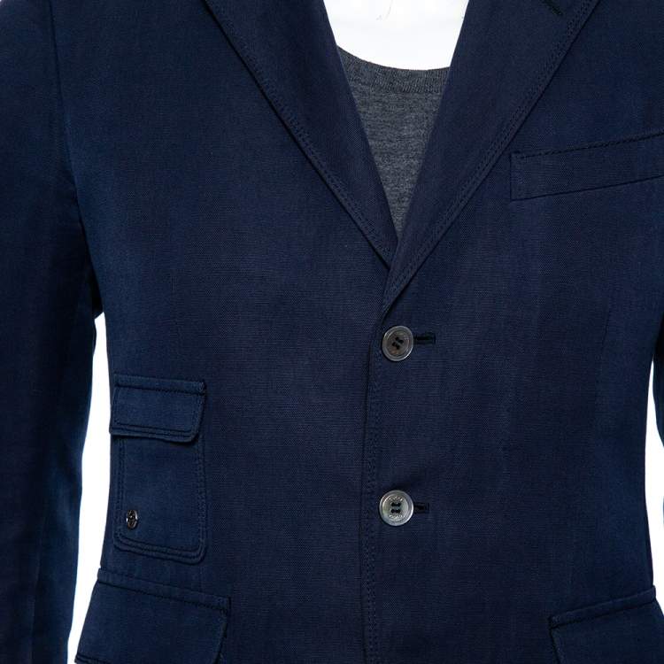 Pre Owned Gucci Navy Blue Cotton & Linen Button Front Blazer M