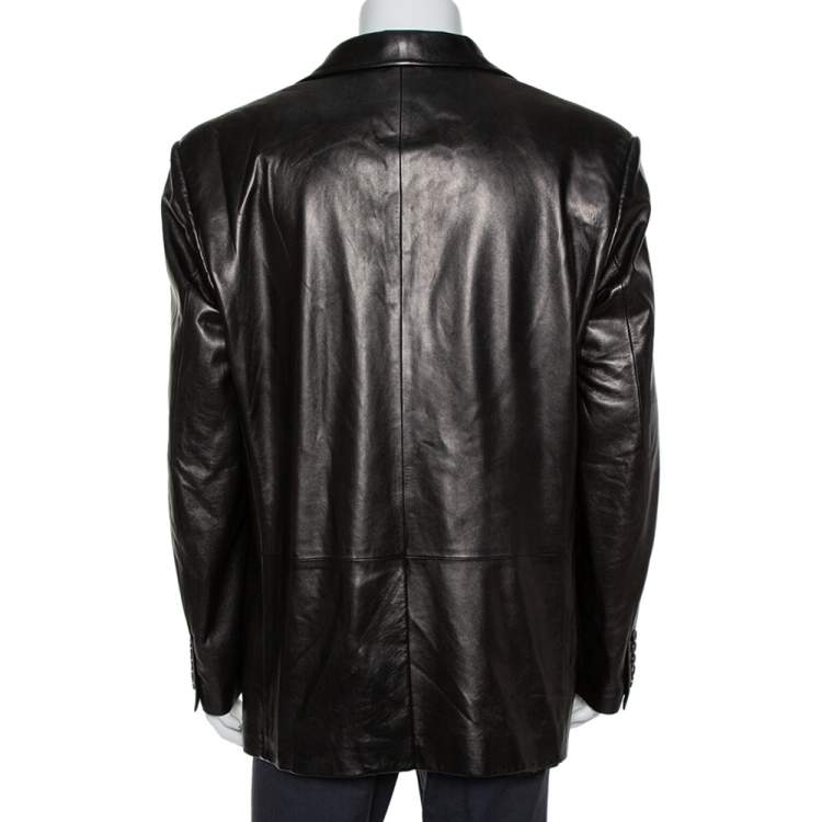 Pre Owned Gucci Brown Leather Button Front Blazer 3XL
