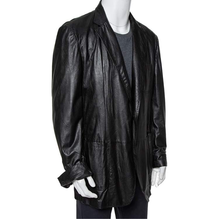 Pre Owned Gucci Black Leather Button Front Blazer 3XL 